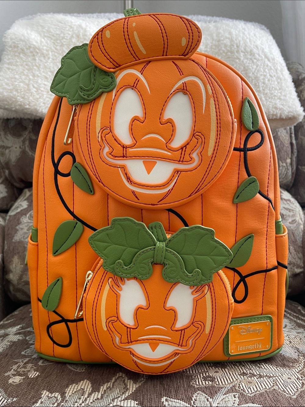 NWT Disney Loungefly Donald & Daisy Pumpkin Glow in the Dark Backpack